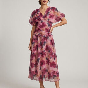 Vintage Style 80s Magenta Floral Chiffon Midi Dress | Ruched Surplice Tea Party